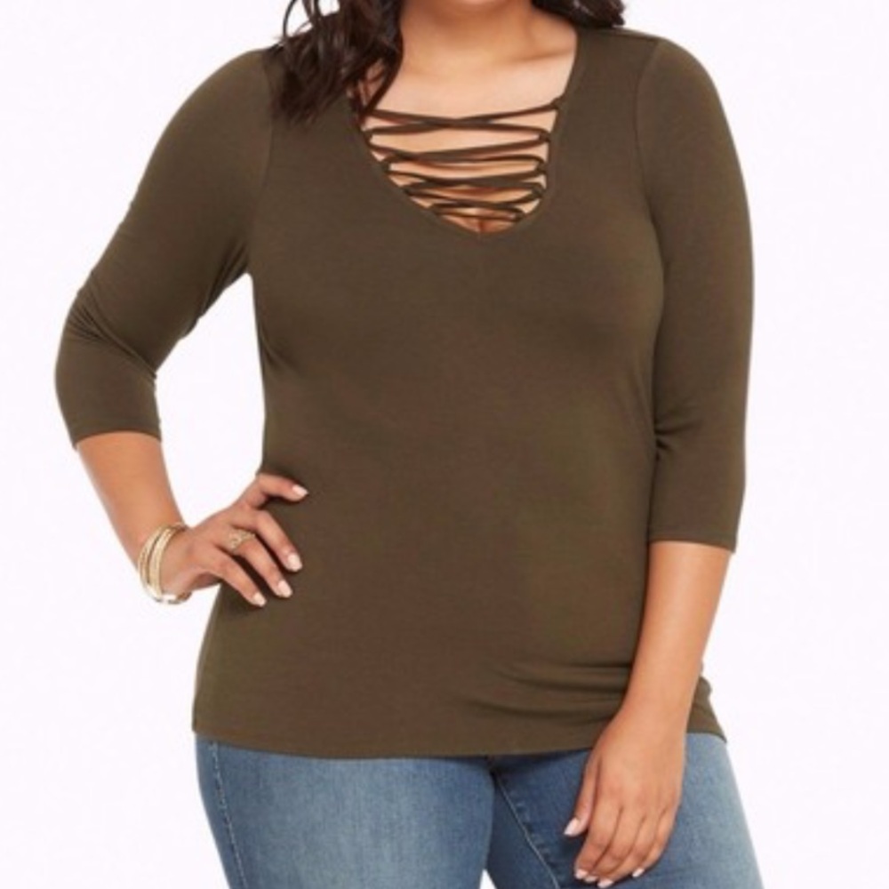 Torrid Olive Lace up V neck top